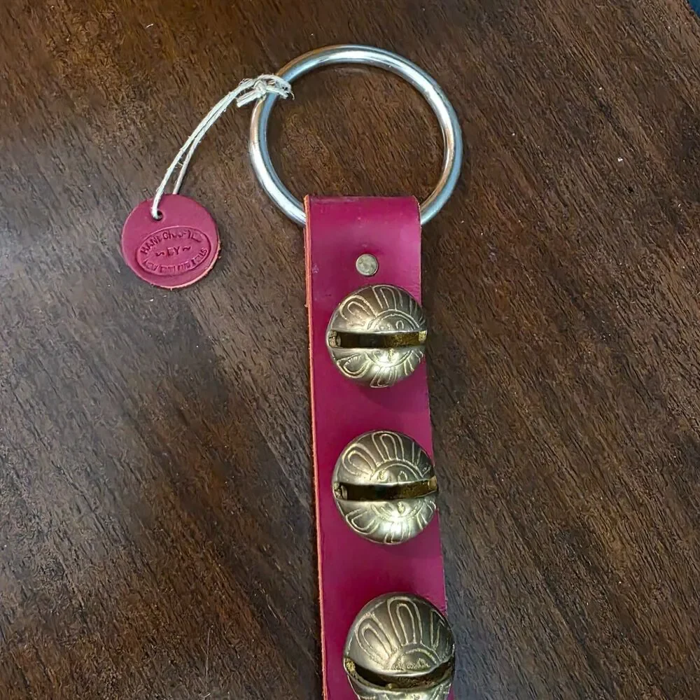 New England Bells Handcrafted Leather Strap Door Hanger w 6 Brass Sleigh RED